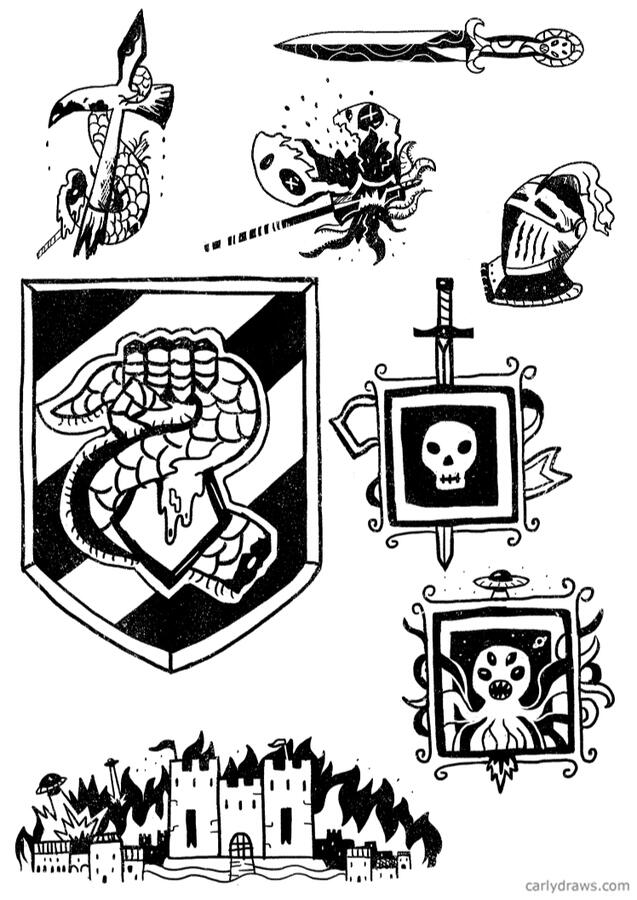 ATTACK FROM SPACE zine inspired art for a retro inspired knights vs aliens game book