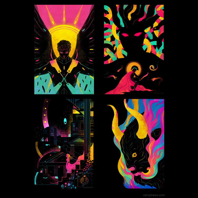 GREEK MYTH personal project- a modern take on ancient tales, inspired by pop colours and ancient Greek ceramics